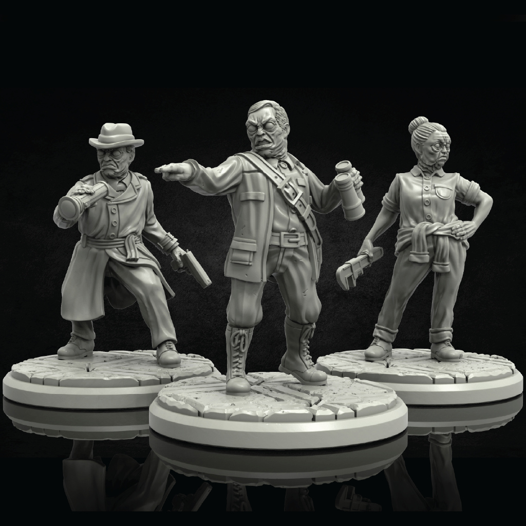 Three gray-scale figurines on a reflective surface with a black background