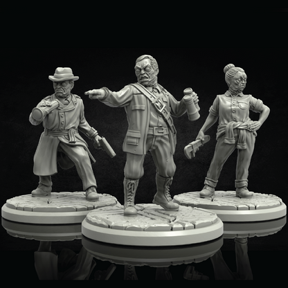 Three gray-scale figurines on a reflective surface with a black background