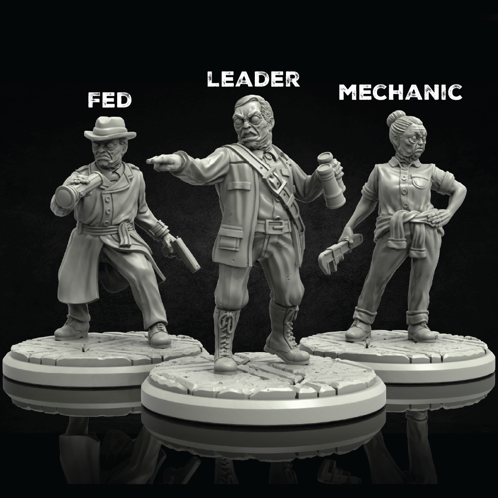 Three gray resin figures labeled 'FED', 'LEADER', and 'MECHANIC' on a reflective surface with black background.