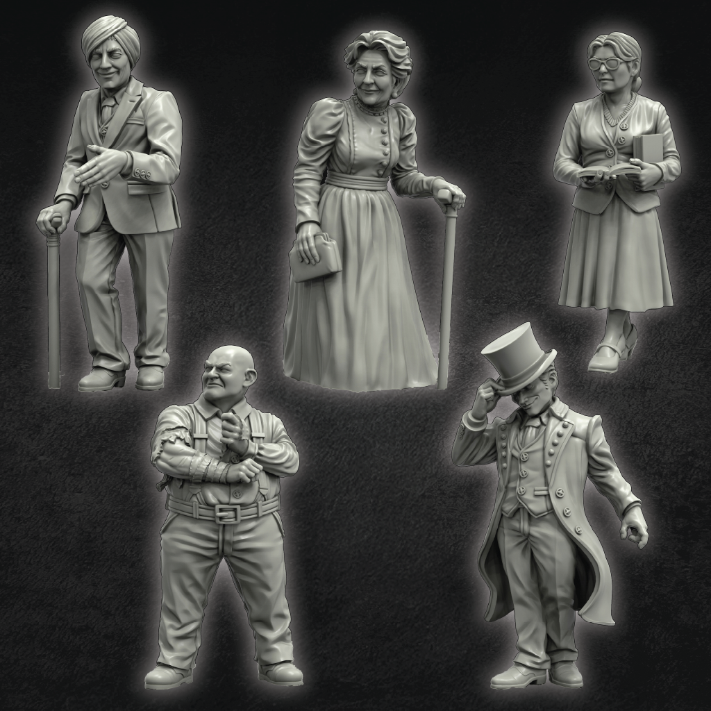 Set of five black and white figurines on a dark background