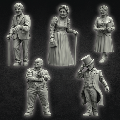Set of five black and white figurines on a dark background