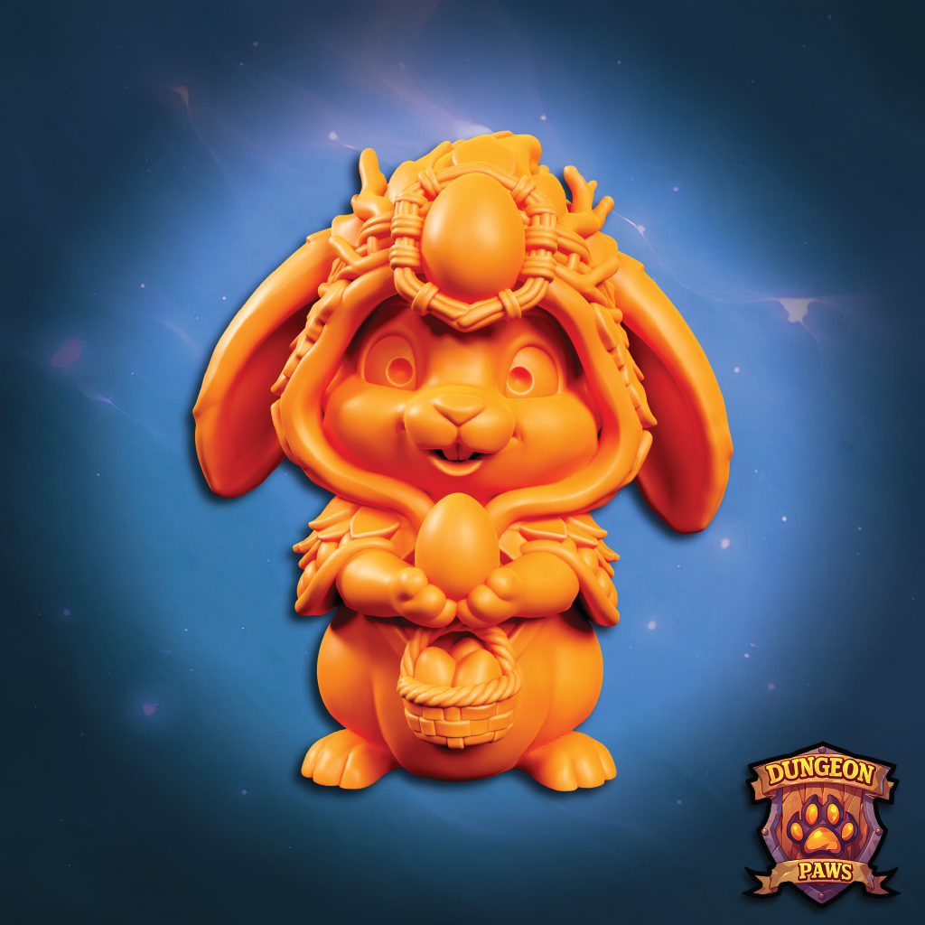 3D render of a druid Easter bunny holding a basket full of eggs