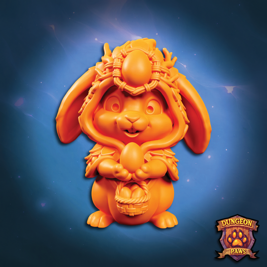 3D render of a druid Easter bunny holding a basket full of eggs
