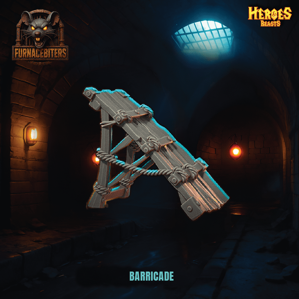 Barricade in a dark, dungeon-like setting with 'Heroes & Beasts' branding.