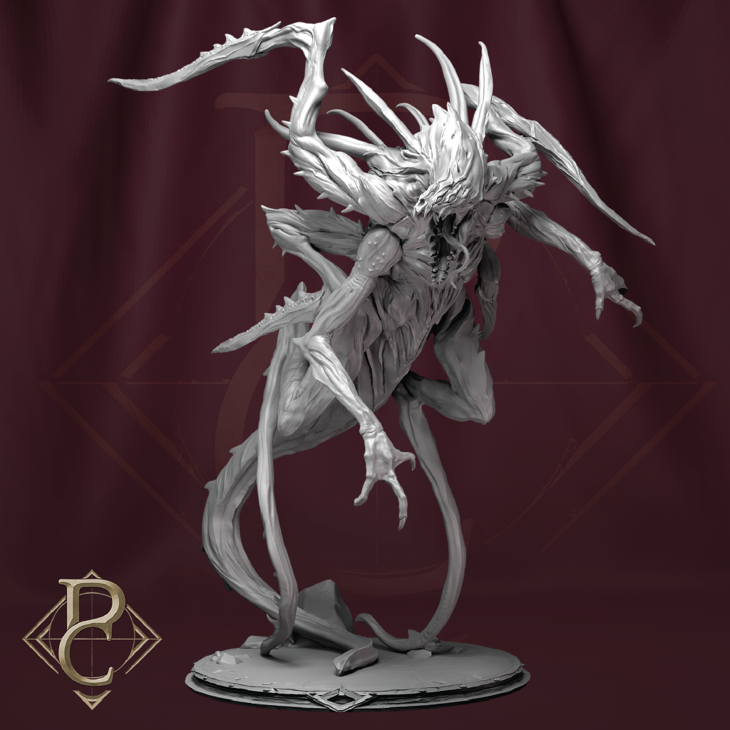 Gray fantasy creature figurine on a dark red background