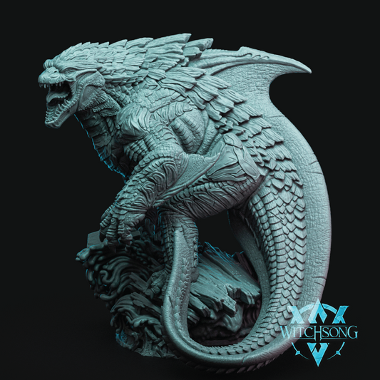 A detailed fantasy dragon figurine or 3D print model in a textured gray resin, shown against a solid black background with a Witchsong brand logo overlay in the bottom right corner.