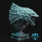 A detailed fantasy bust sculpture of a dragon head on a pedestal, rendered in a textured teal-gray finish against a black background, with a Witchsong logo in the bottom right corner.