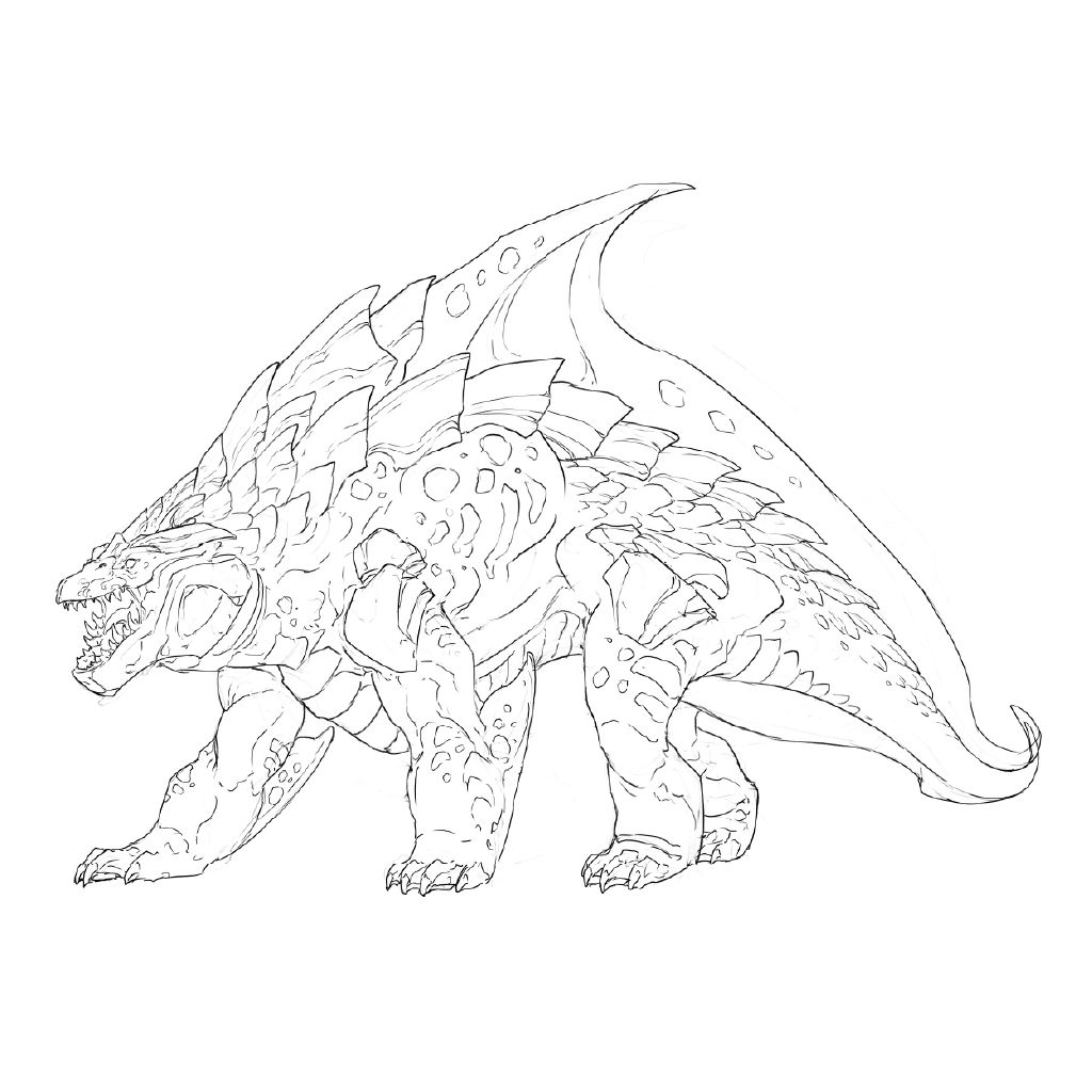 Black and white line art illustration of a prehistoric dinosaur-like creature, likely an ankylosaurus, shown in profile on a solid white background.