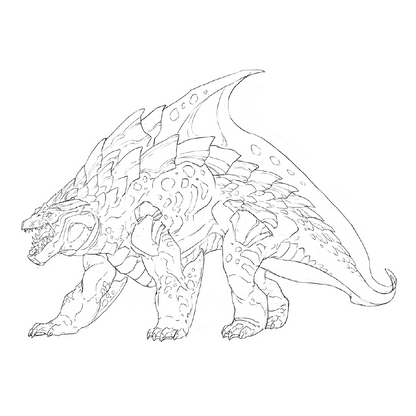 Black and white line art illustration of a prehistoric dinosaur-like creature, likely an ankylosaurus, shown in profile on a solid white background.