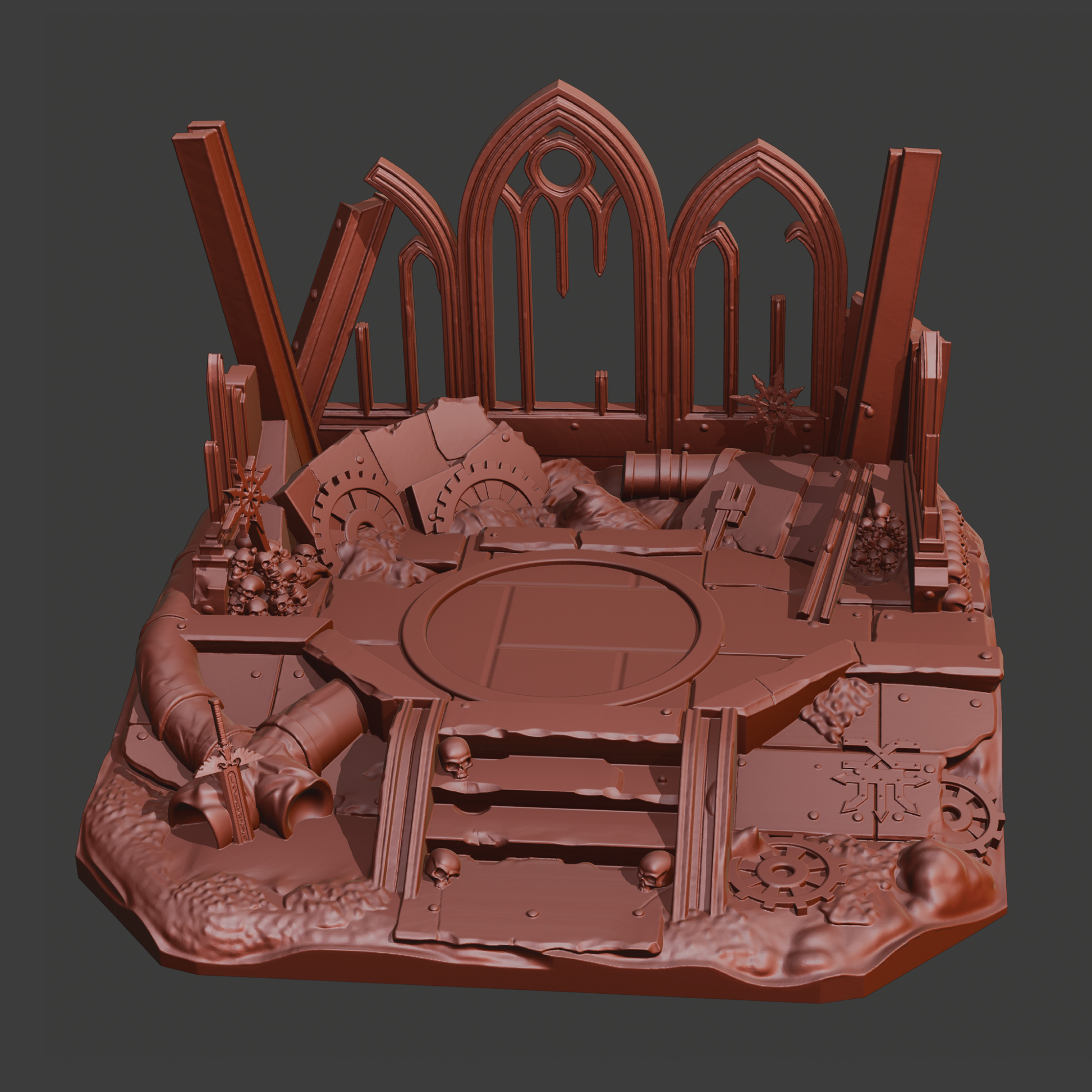 A 3D-rendered miniature terrain piece depicting the ruins of a gothic cathedral, featuring tall arched windows, broken columns, stairs, pipes, and gears, all in a uniform reddish-brown color on a dark gray background.