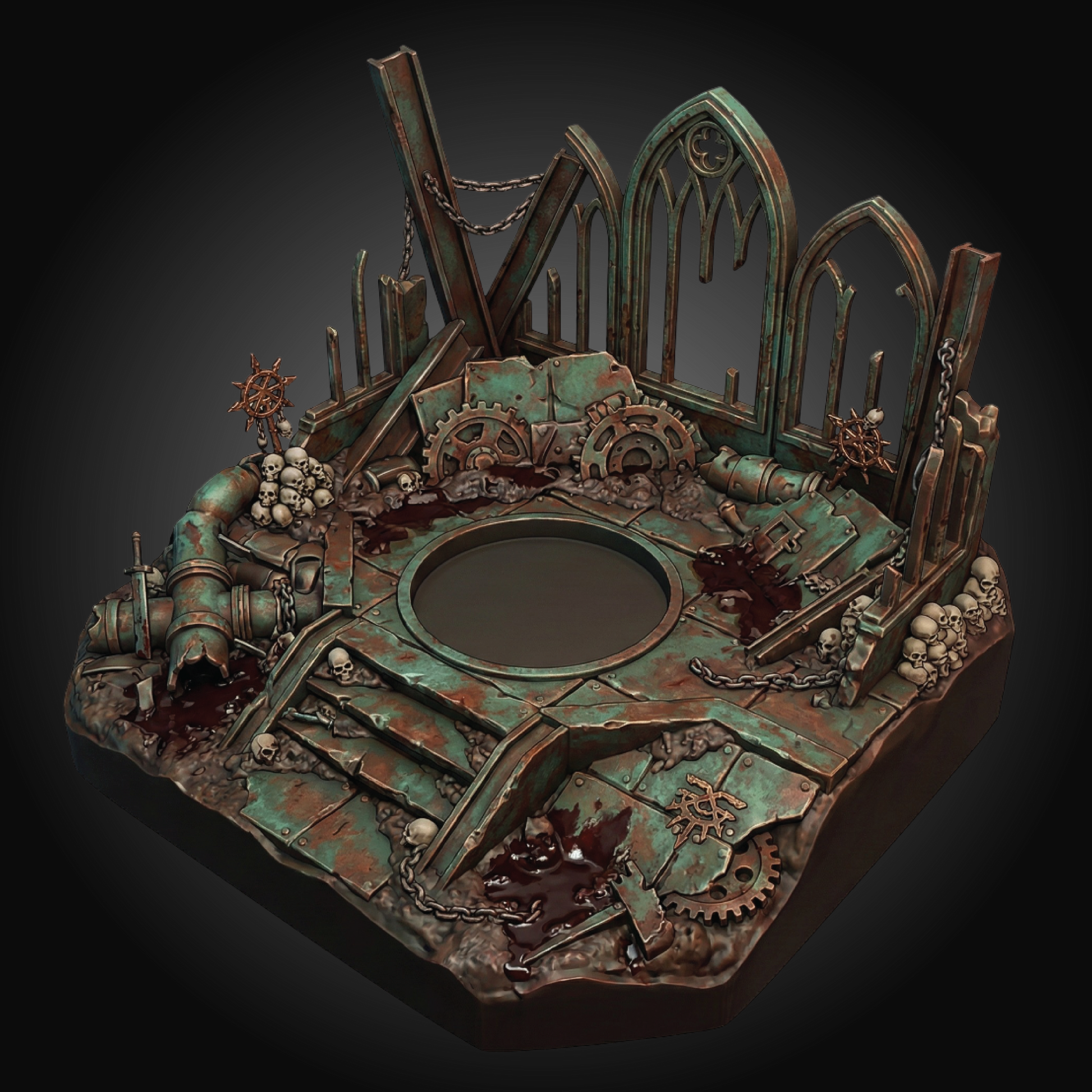 A gothic industrial gothic-themed tabletop terrain piece featuring a central circular pit, rusted pipes, gears, skeletal figures, and arches with a distressed green and bronze patina.