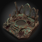 A gothic industrial gothic-themed tabletop terrain piece featuring a central circular pit, rusted pipes, gears, skeletal figures, and arches with a distressed green and bronze patina.