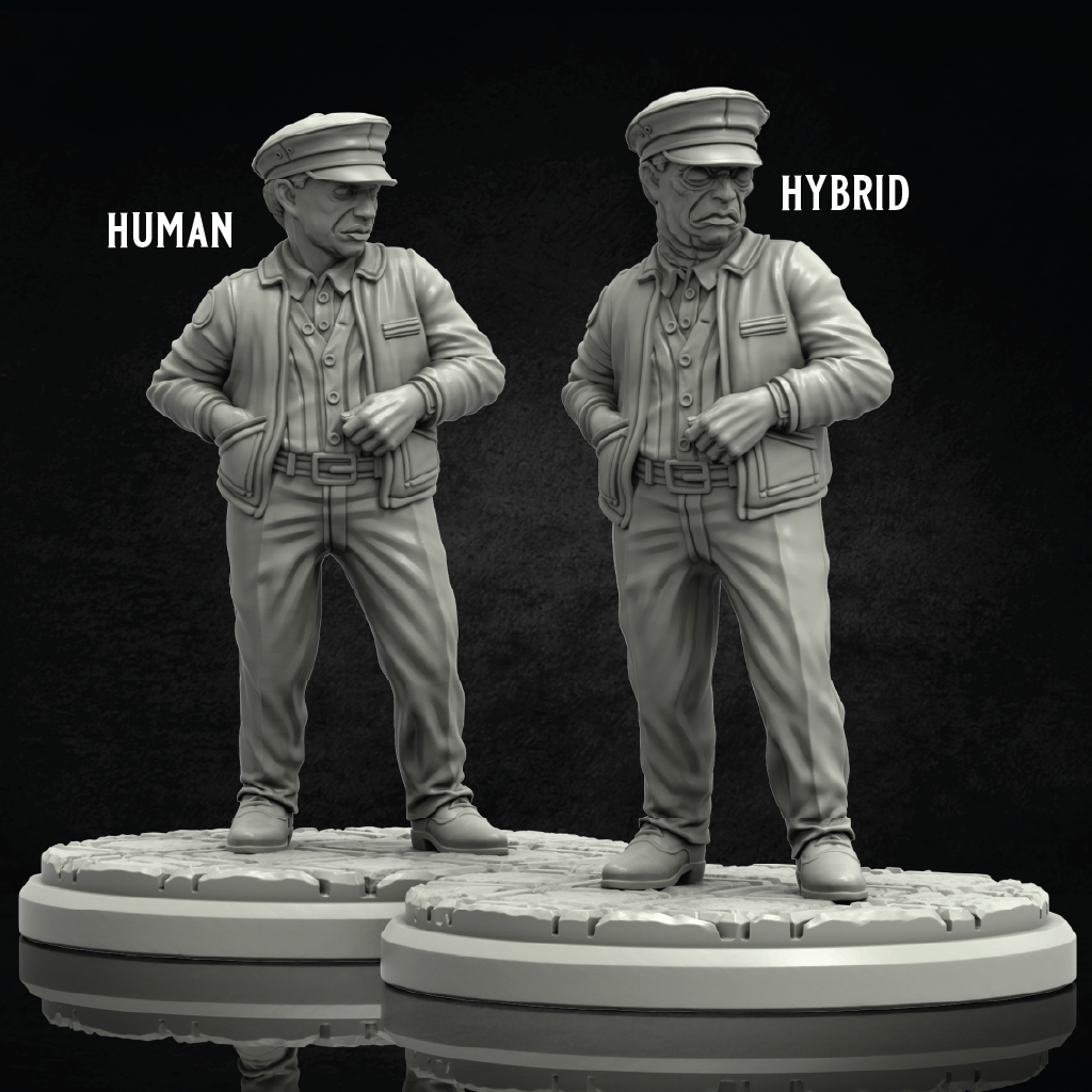 Two unpainted miniature figurines of an elderly man in a military-style uniform, labeled 'HUMAN' and 'HYBRID' on a dark textured background.