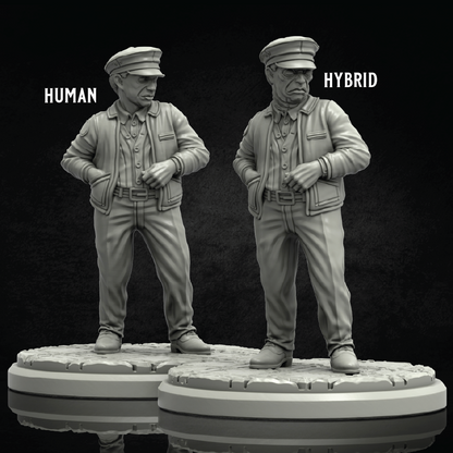 Two unpainted miniature figurines of an elderly man in a military-style uniform, labeled 'HUMAN' and 'HYBRID' on a dark textured background.