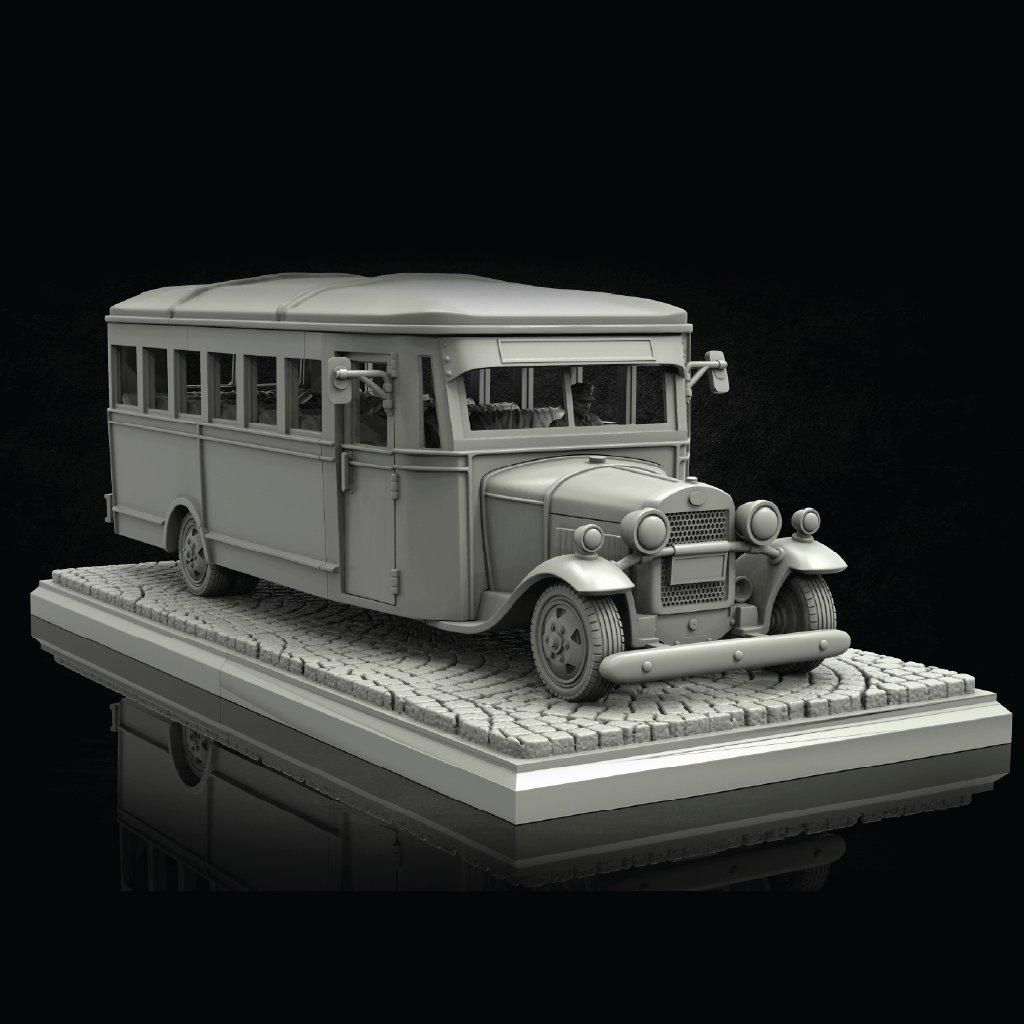 A monochrome gray model of a vintage bus displayed on a textured base against a black background.