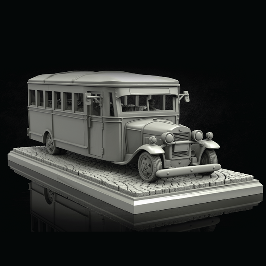 A monochrome gray model of a vintage bus displayed on a textured base against a black background.