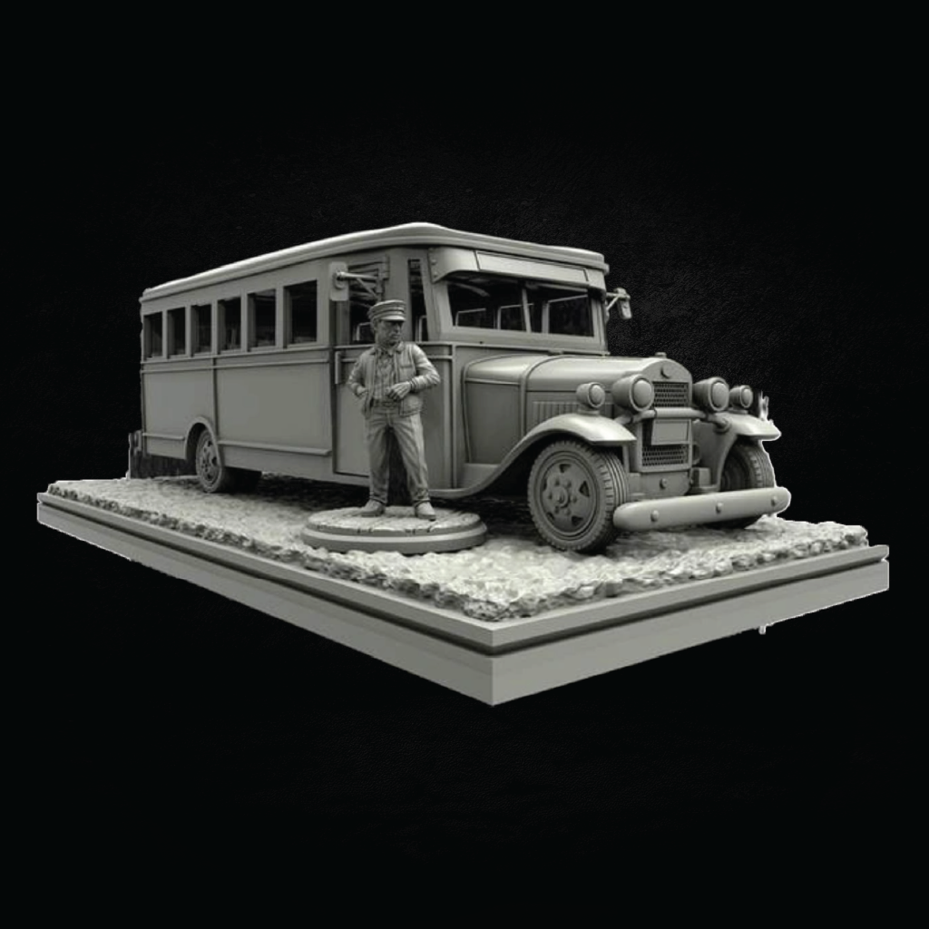 A monochrome miniature model of a vintage bus with a standing figure, displayed on a textured base against a black background.