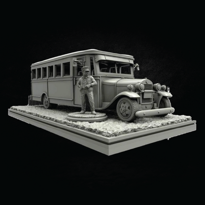 A monochrome miniature model of a vintage bus with a standing figure, displayed on a textured base against a black background.