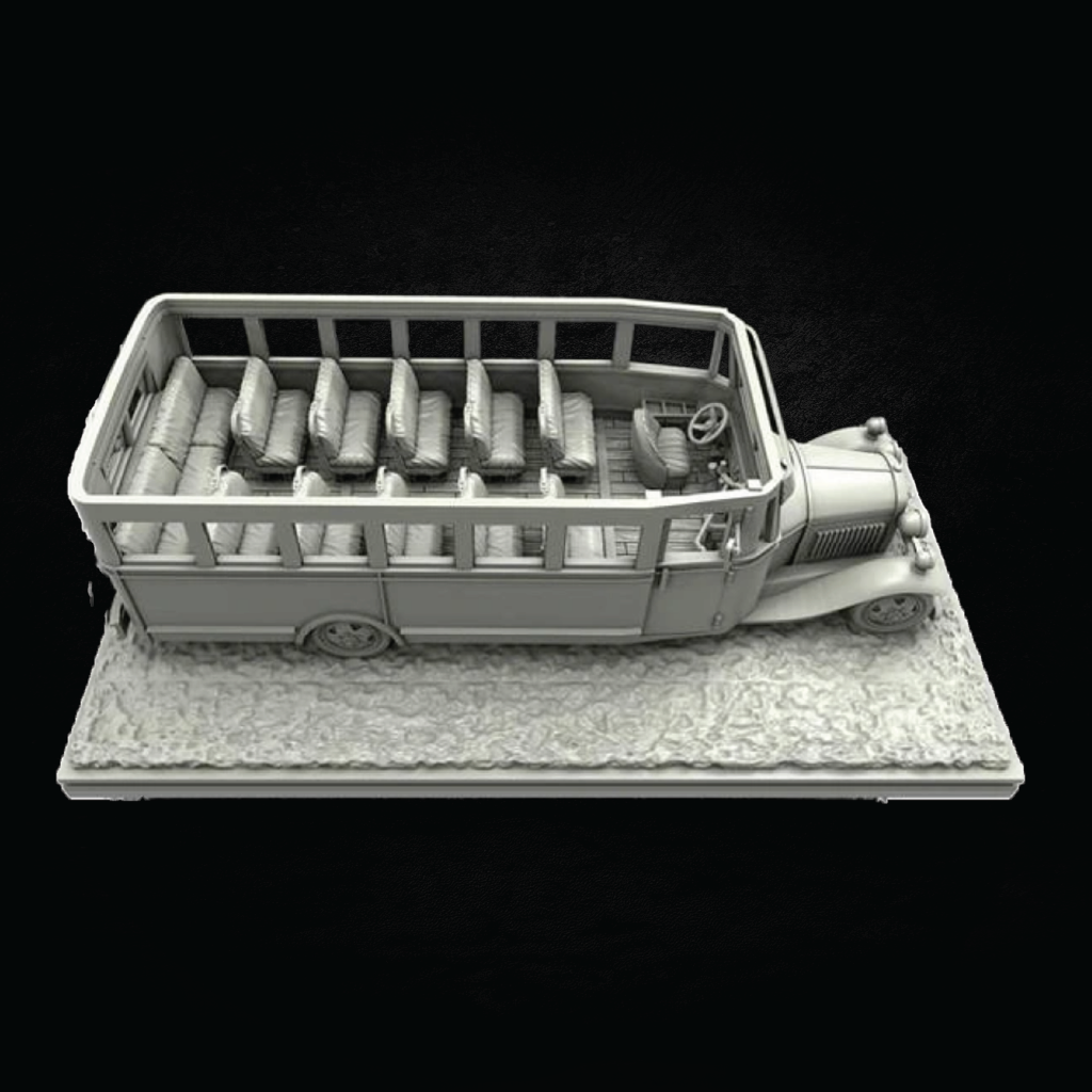 A monochrome miniature model of an open-top passenger bus with rows of seats visible inside, shown on a textured base against a black background.