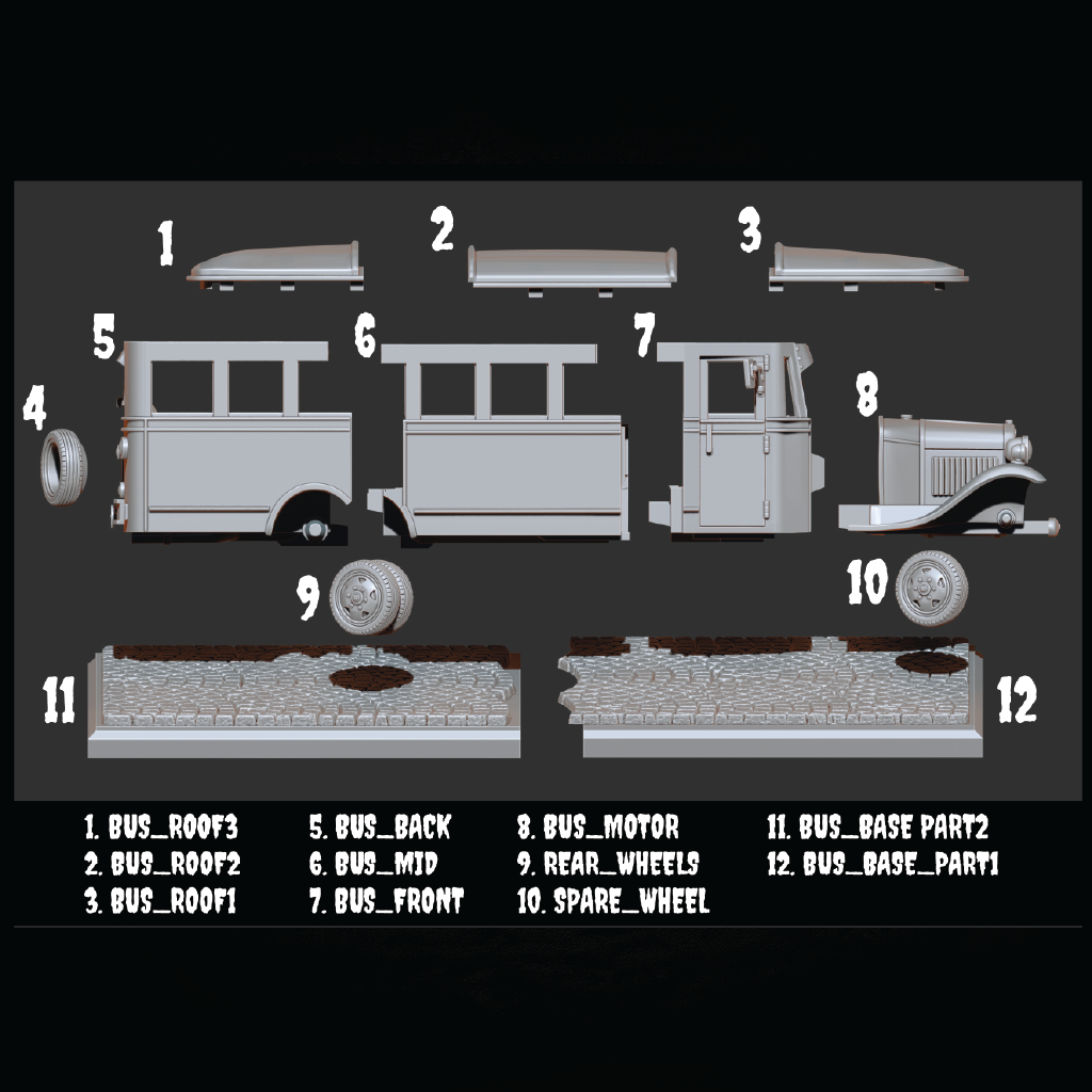 A technical parts diagram of a vintage bus model kit, showing 12 different components numbered 1 through 12 on a dark gray background.
