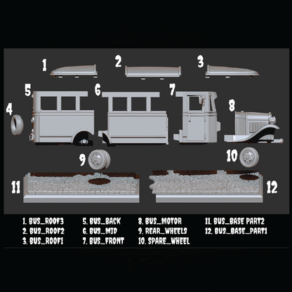 A technical parts diagram of a vintage bus model kit, showing 12 different components numbered 1 through 12 on a dark gray background.