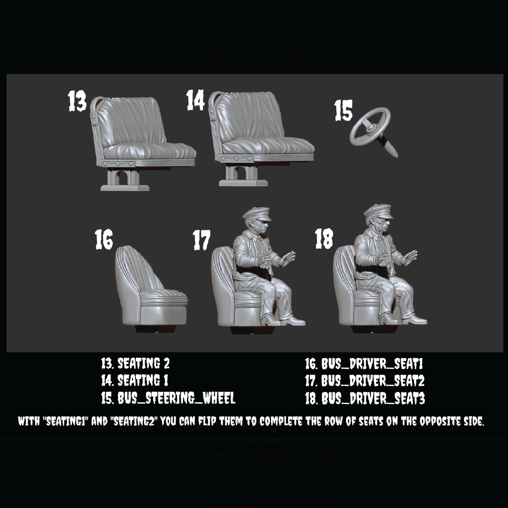 A product assembly diagram showing multiple gray plastic miniature parts for a bus driver, including two seat options (numbered 13 and 14), a steering wheel (15), and driver seats (16, 17, 18) on a dark gray background with black text labels.