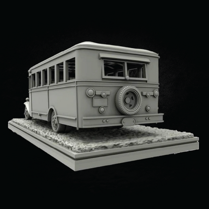 A monochrome gray miniature model of a vintage bus, shown from a three-quarters rear angle on a textured display base against a solid black background.