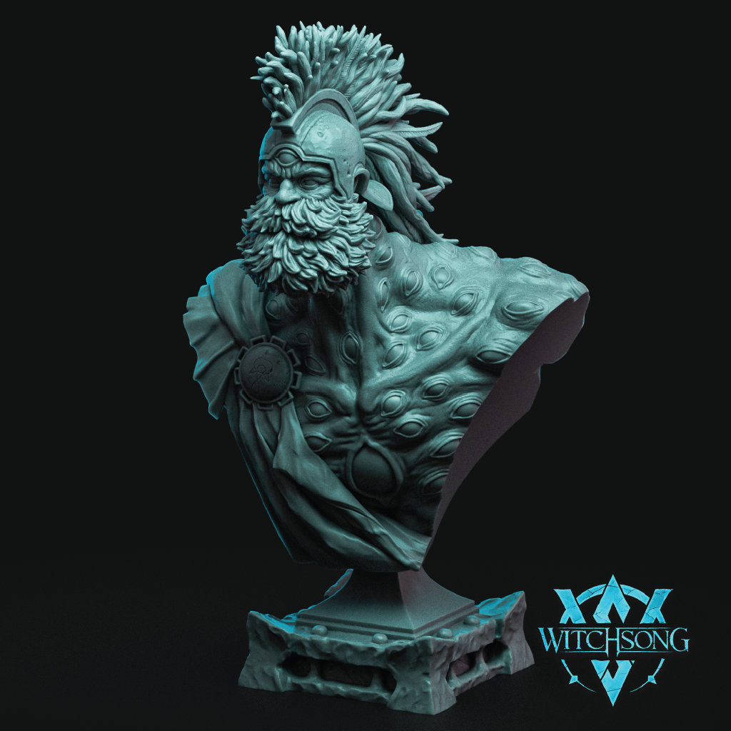 Teal-colored bust sculpture with intricate detailing on a black background, featuring the 'Witchsong' logo.