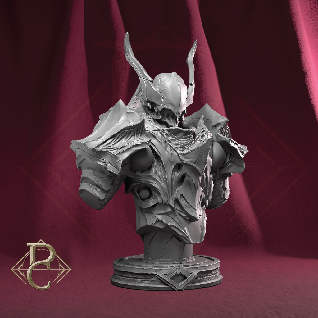 Gray metallic bust of a fantasy creature on a red background