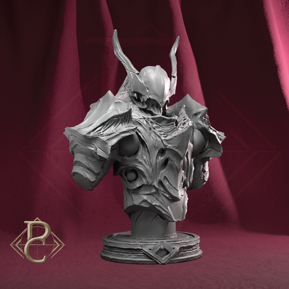Gray metallic bust of a fantasy creature on a red background