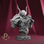 Gray metallic bust of a fantasy creature on a red background