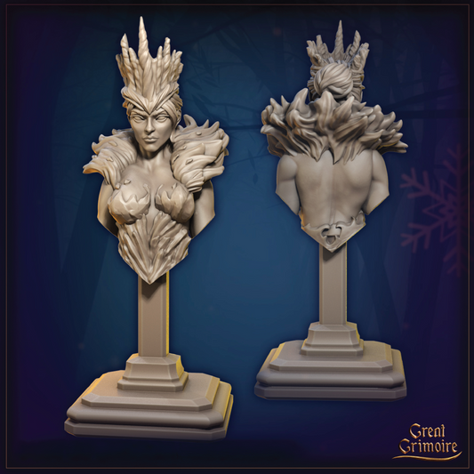 Two fantasy-style statues on stands against a dark blue background with 'Great Ormoire' branding.