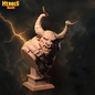 Bust of a creature with large horns on a dark background with lightning effects, featuring the 'Heroes & Beasts' logo.