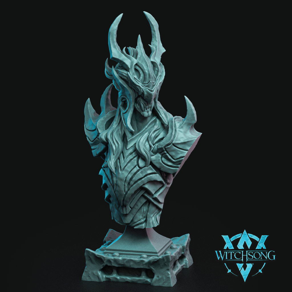 Dragon bust sculpture with 'Witchsong' logo on a black background