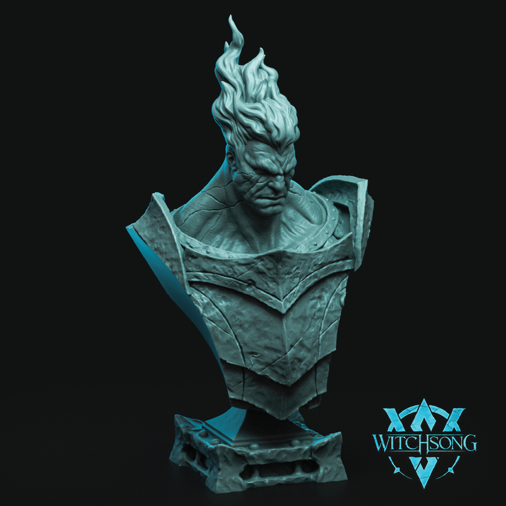 Teal bust sculpture with detailed armor on a black background, featuring the 'Witchsong' logo.