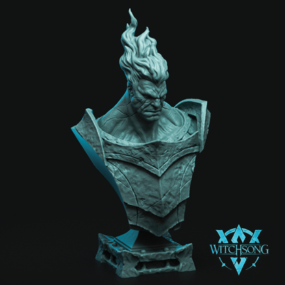 Teal bust sculpture with detailed armor on a black background, featuring the 'Witchsong' logo.