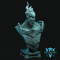 Teal bust sculpture with detailed armor on a black background, featuring the 'Witchsong' logo.