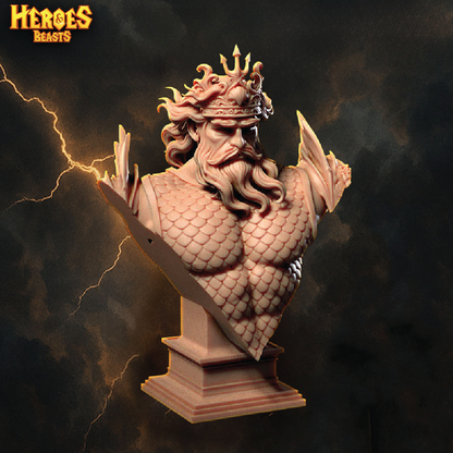 Statue of a bearded figure with a crown and lightning effect on a dark background, featuring 'Heroes & Beasts' branding.
