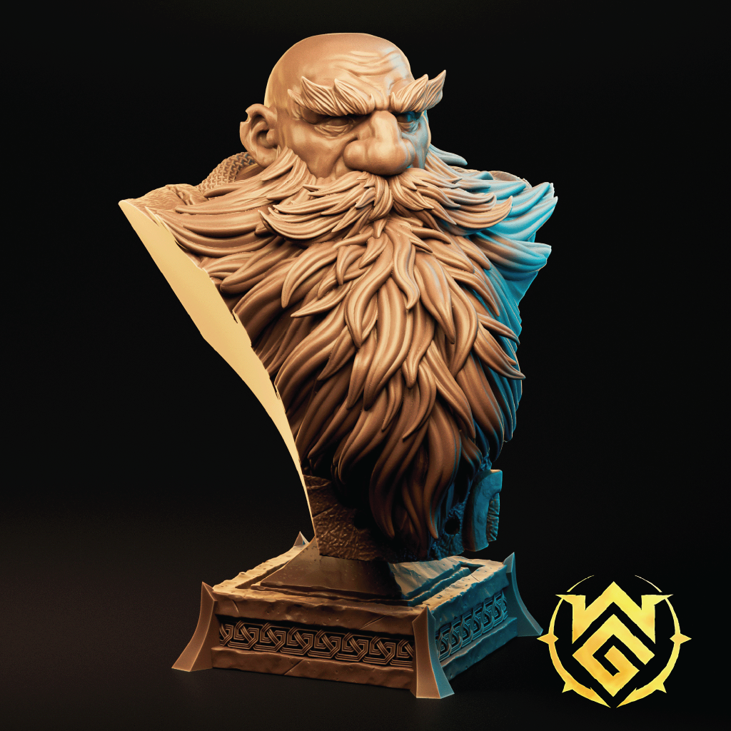 A 3D model of a bust of a dwarf explorer with a massive pack of supplies on his back, holding a pipe