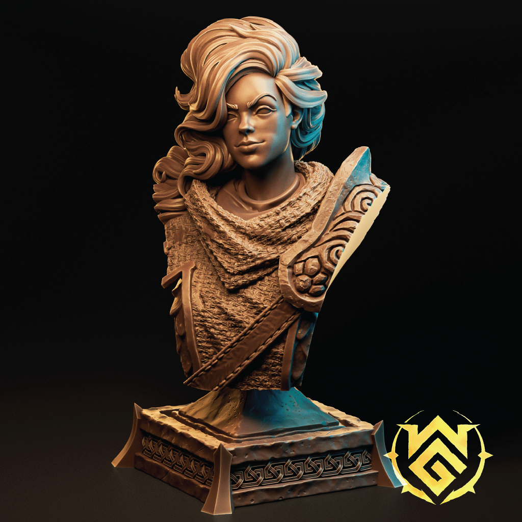Bust sculpture with decorative elements on a dark background