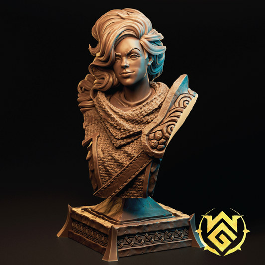 Bust sculpture with decorative elements on a dark background
