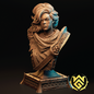 Bust sculpture with decorative elements on a dark background