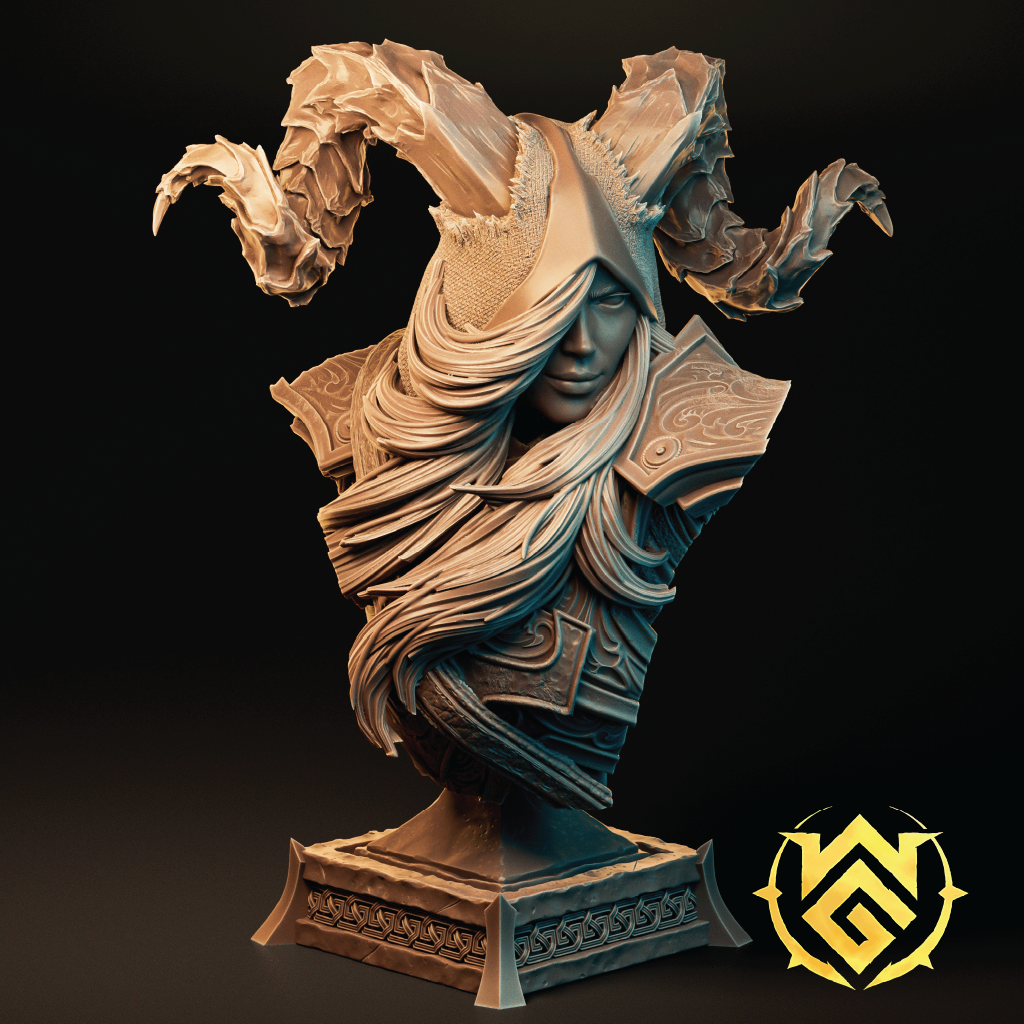 A 3D render of a bust of a tiefling ranger jumping off of a rock firing a bow and arrow