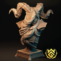 A 3D render of a bust of a tiefling ranger jumping off of a rock firing a bow and arrow