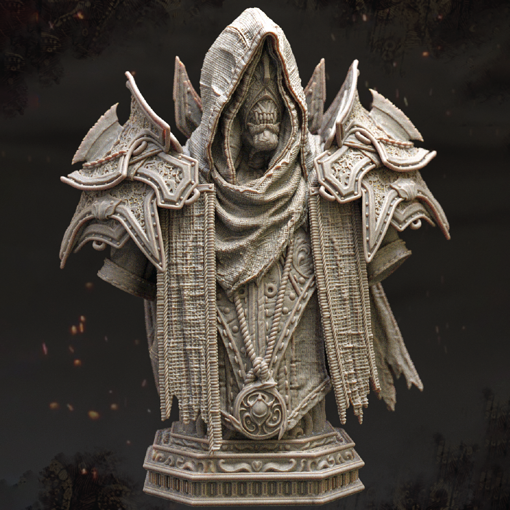 Decorative statue of a hooded figure with intricate designs on a dark background