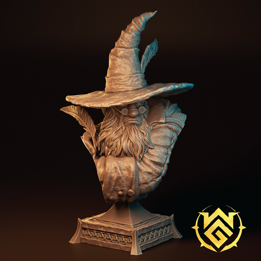 Statue of a wizard with a pointed hat and beard on a dark background