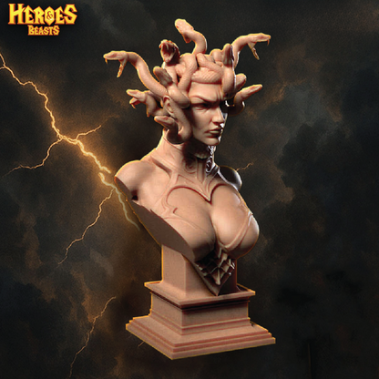 Bust of a mythical creature with 'Heroes & Beasts' branding on a dark background