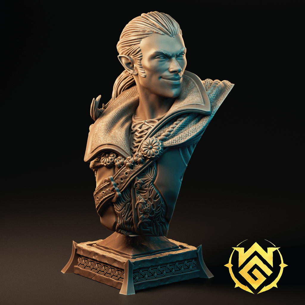 Bust sculpture of a character with intricate detailing on a dark background