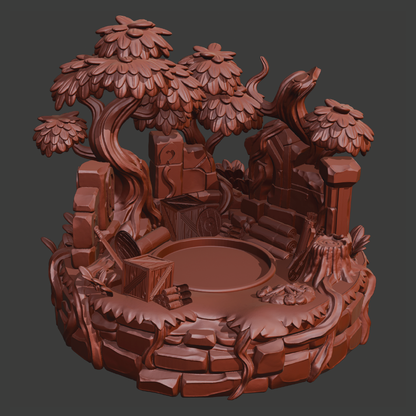 A 3D-rendered fantasy stone platform with carved trees, ruins, vines, and a circular opening, shown on a dark gray background.
