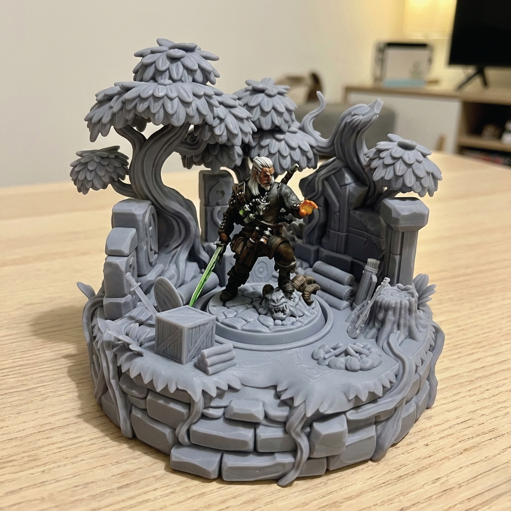 A 3D-printed unpainted tabletop miniature figurine of a fantasy warrior standing in a stone forest scene, displayed on a light wood desk with a blurred home office background.